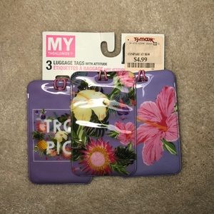 3 purple/green/pink/yellow tropical luggage tags